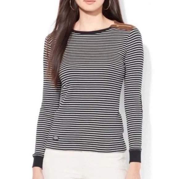 Lauren Ralph Lauren Black White Striped Shoulder Zip Elbow brown Patch Shirt - Picture 1 of 12